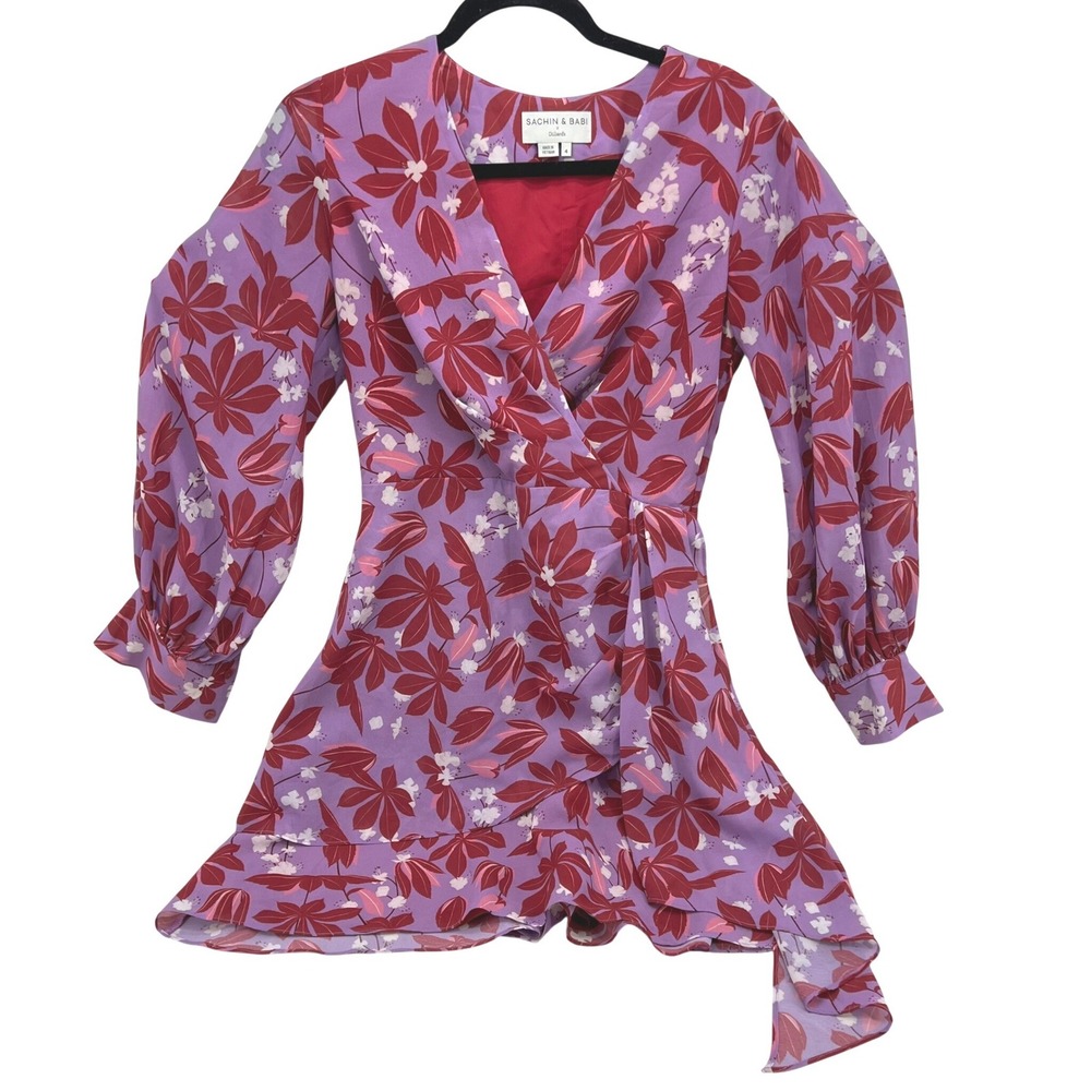 Sachin & Babi x Dillards Purple Floral Wrap Mini Dress Long Sleeve T01D41D-MLT 4